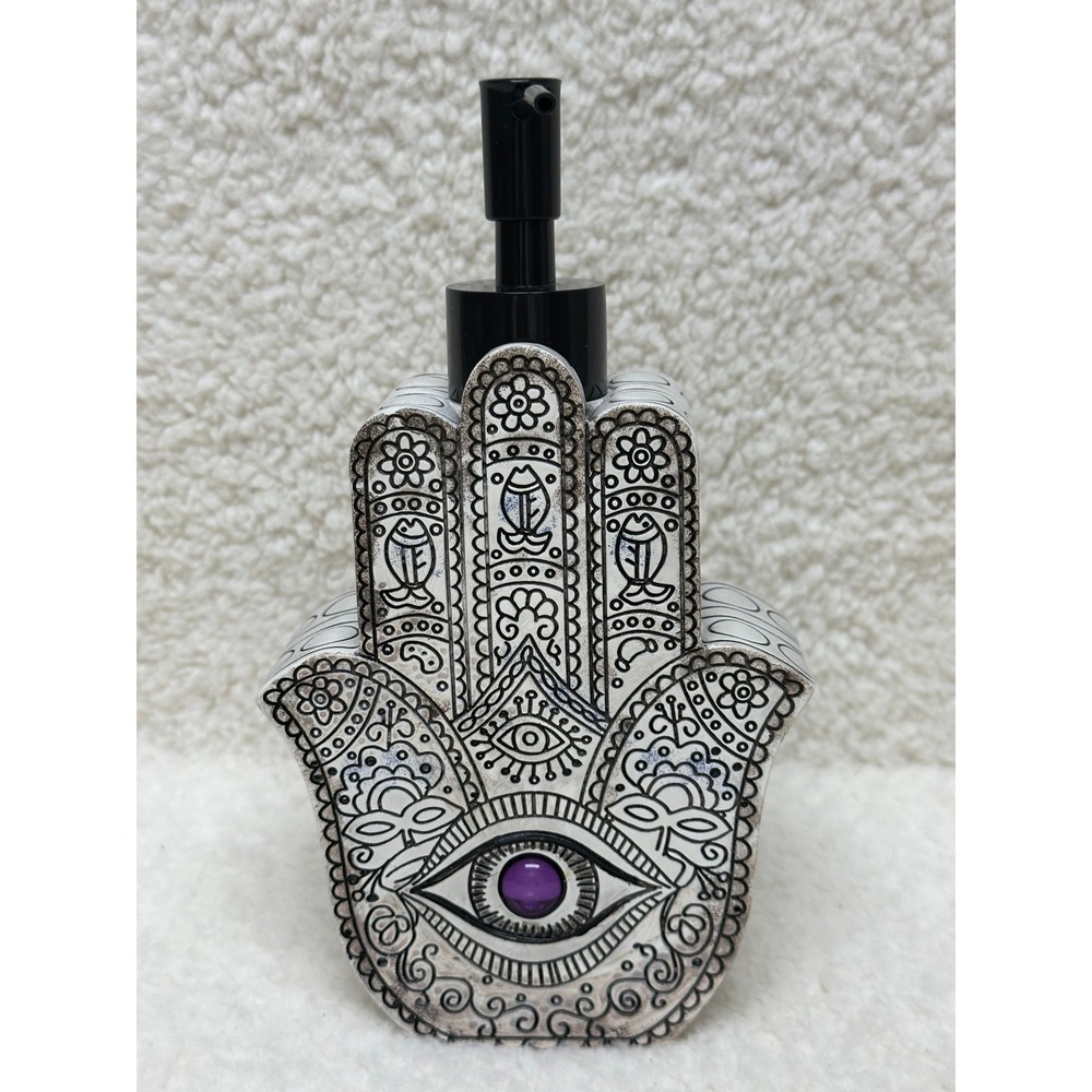 Hamsa Pump Soap Dispenser White Black Evil Eye Boho Decor Hand of Fatima